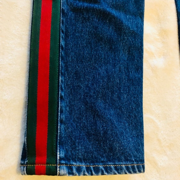 🇮🇹New Gucci Green Red Side Stripe Straight Leg Blue Jeans🇮🇹 - Picture 14 of 16